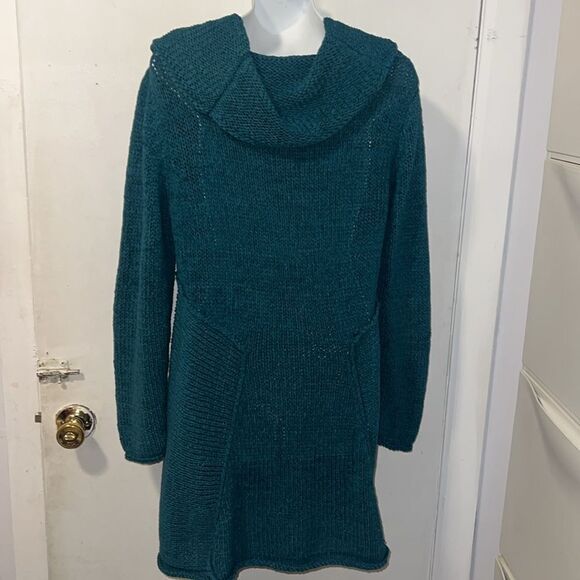 ANTHROPOLOGIE PURE HANDKNIT Teal knit Cowl Neck Sweater Dress-M/L - Picture 4 of 8